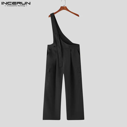 INCERUN 2023 Korean Style Men's Jumpsuits One Shoulder Design Solid Jumpsuits Casual Street Personalized All-match Rompers S-5XL