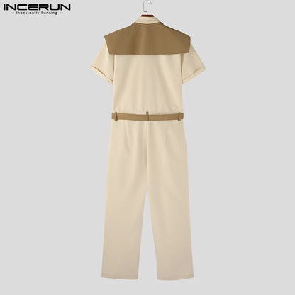 INCERUN 2024 Korean Style New Men's Shawl Layered Jumpsuits Casual Streetwear Patchwork Straight Tube Long Sleeved Rompers S-5XL