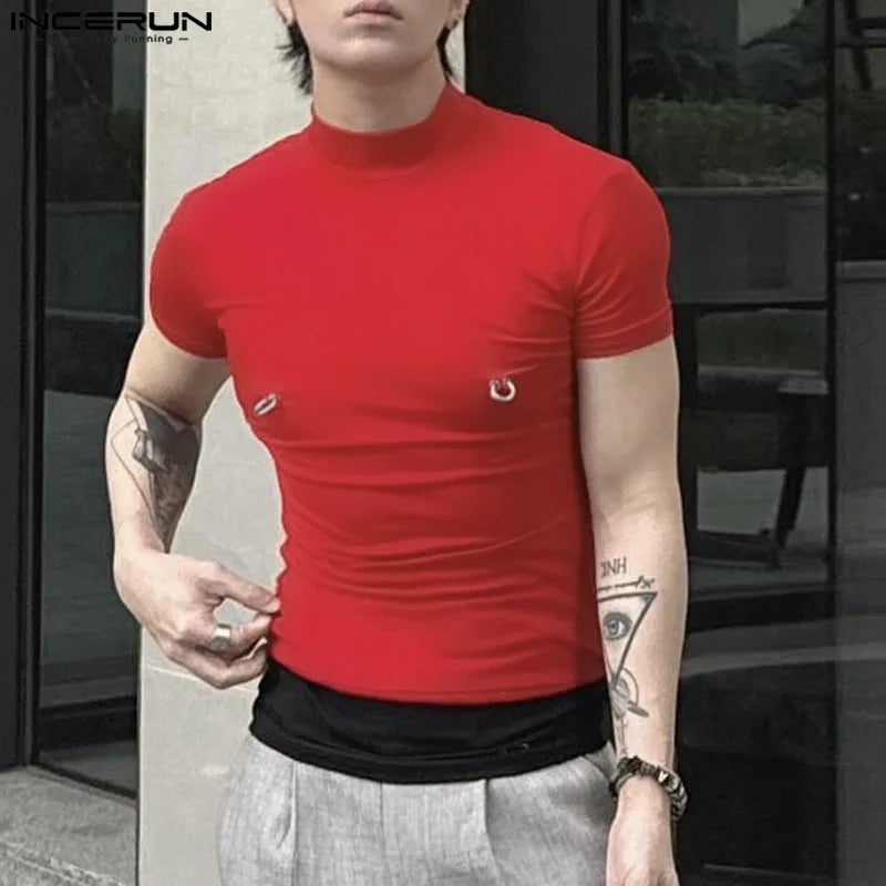 INCERUN Tops 2024 Sexy Men's Half High Neck Mesh Loop Buckle Design T-shirts Casual Male Solid Short Sleeve Tight Camiseta S-5XL