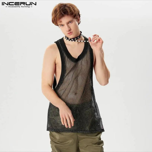 Sexy stylische Tops INCERUN 2024 Herren Glitzerstoff Durchsichtiges Mesh Hohl Westen Freizeit Clubwear Heißer Verkauf Dünne Tank Tops S-5XL