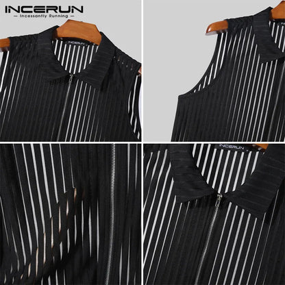 INCERUN Tops 2024 American Style New Men's Fashion Vertical Stripe Perspective Zipper Vests Sexy Thin Sleeveless Tank Tops S-5XL