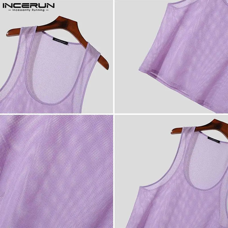 INCERUN Tops 2024 Korean Style Men's Perspective U-shaped Checkered Mesh Tank Tops Summer Casual Hot Sale Sleeveless Vests S-5XL