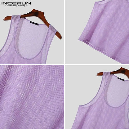 INCERUN Tops 2024 Korean Style Men's Perspective U-shaped Checkered Mesh Tank Tops Summer Casual Hot Sale Sleeveless Vests S-5XL