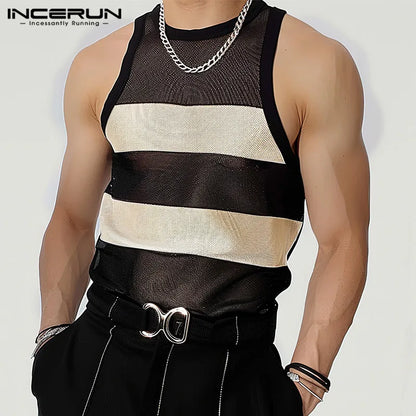 Koreanischen Stil Herren Mesh Kontrast Farbe Patchwork Tank Tops Sexy Stilvolle Sehen-durch Dünne Ärmellose Westen S-5XL INCERUN Tops 2024