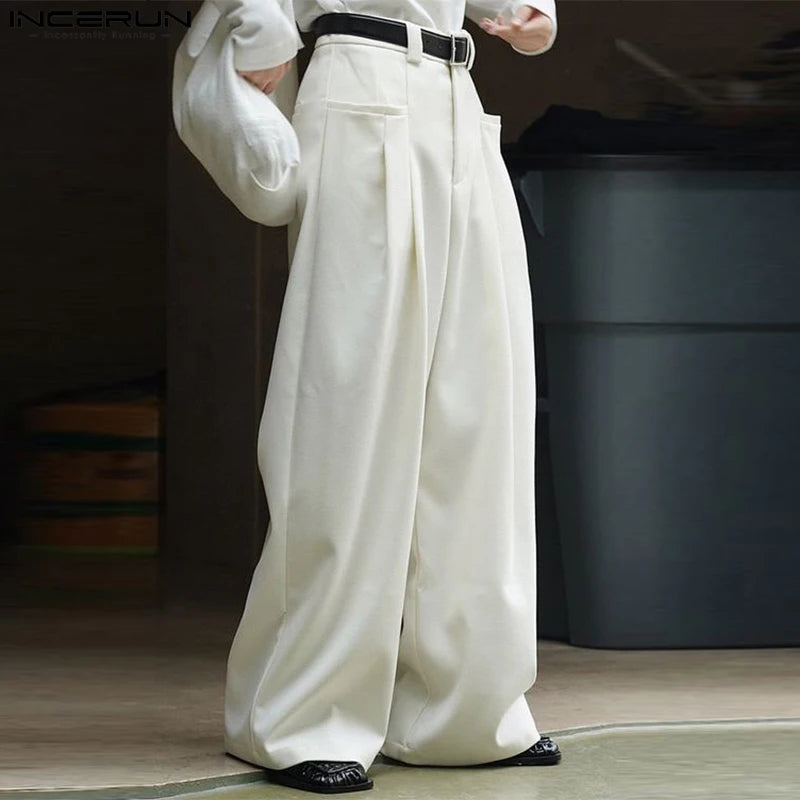 INCERUN 2024 Korean Style Trousers Mens Personality Pleated Pocket Long Pants Casual Hot Sale Solid Straight Leg Pantalons S-5XL