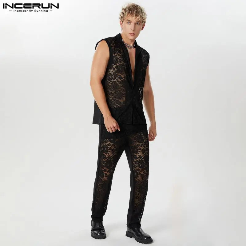 INCERUN 2024 American Style Sets Mens Sexy Casual Lace Hollow Perspective Sleeveless Shirts Pants Streetwear Suit 2 Pieces S-5XL