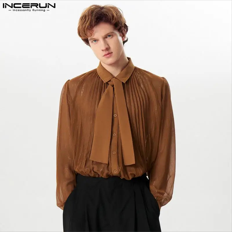 INCERUN 2024 Men's Sexy Shirt Mesh Transparent Lapel Long Sleeve Camisa Tie Pleated Solid Comfortable Clothing Streetwear S-5XL