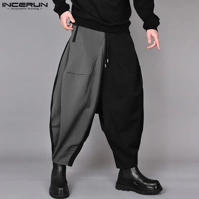 INCERUN 2024 Korean Style Men's Trousers Fashion Wide Leg Long Pants Casual Streetwear Patchwork Color Contrast Pantalons S-5XL