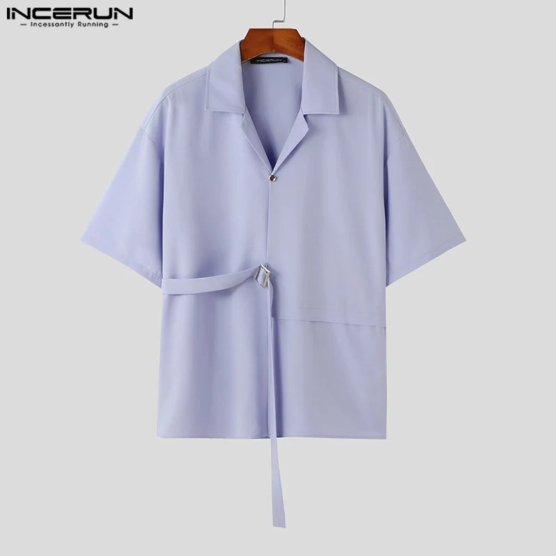 Handsome Well Fitting Tops INCERUN Men's Ribbon Design Lapel Shirts Casual Streetwear Male Solid Short Sleeved Blouse S-5XL 2024