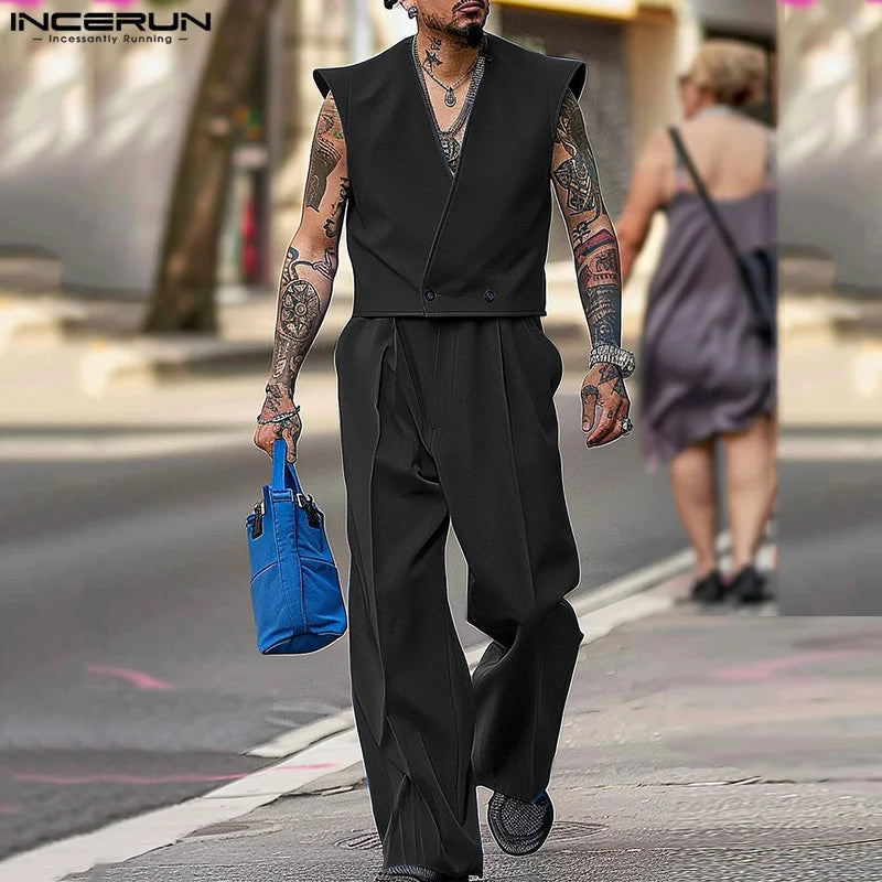 Fashion Casual Style Sets INCERUN New Mens Sleeveless Cardigan Long Pants Male Streetwear V-neck Solid Two-piece Sets S-5XL 2024