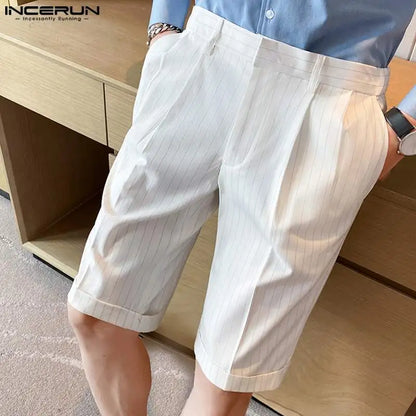 INCERUN 2023 Korean Style Men's Striped Business All-match Shorts Casual Streetwear Male Comfortable Straight Split Shorts S-5XL