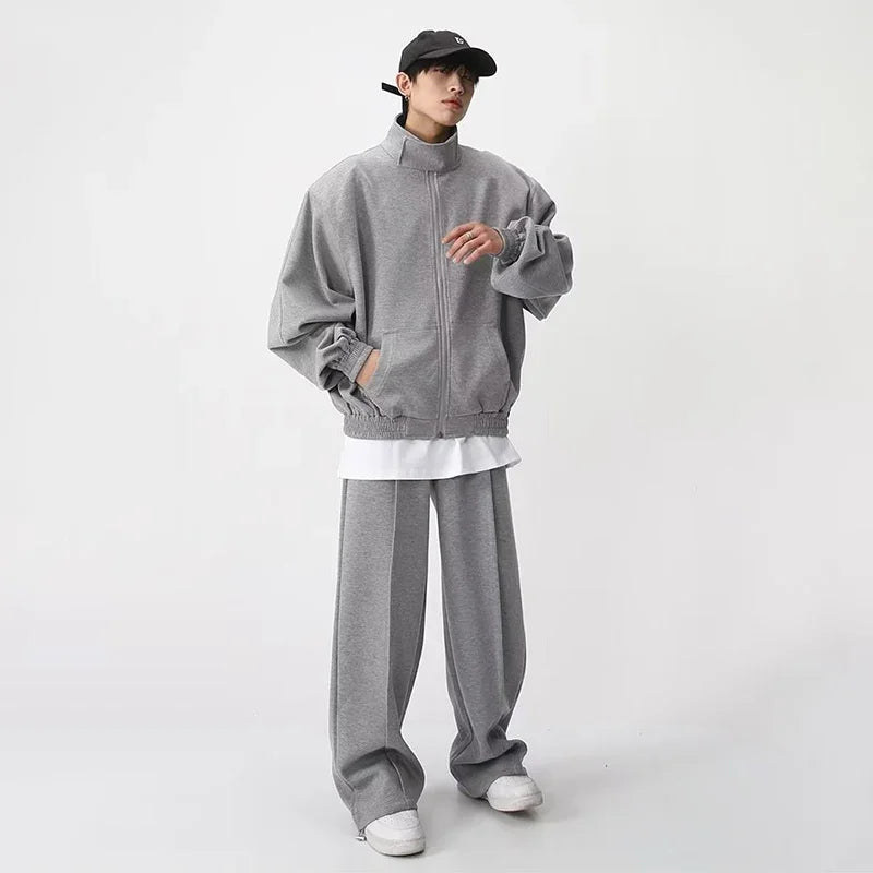 HOUZHOU Sports Suits Pants Sets for Men 2 Piece Sets Couple Matching Outfits Clothing Hoodies Sweatshirt Gray Korean Streetwear