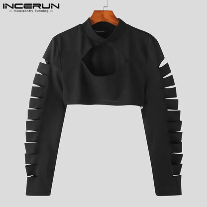 INCERUN Tops 2024 Style américain Nouveaux T-shirts creux à la mode pour hommes Fête décontractée Vente chaude Imprimé Camiseta à manches longues