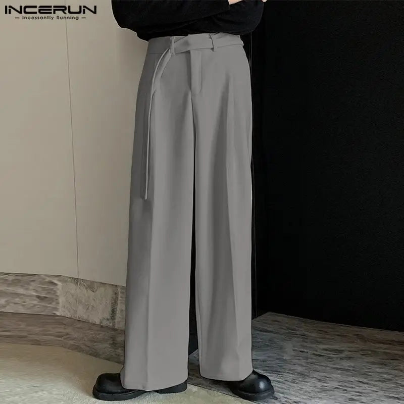 INCERUN 2024 Koreanische Stil Pantalons Neue Männer Passenden Gürtel Design Gerade Bein Hose Casual Streetwerar Solide Lange Hosen S-5XL