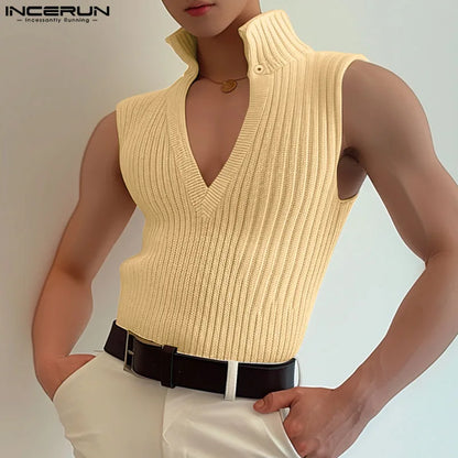 INCERUN Tops 2024 Korean Style Men's Solid Knitted Texture Vests Casual Streetwear Summer Hot Selling Sleeveless Tank Tops S-5XL