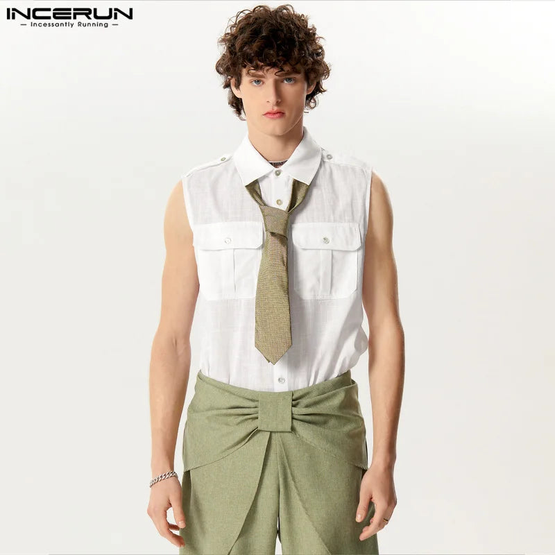 Handsome New Mens Tops INCERUN 2024 Double Bag Design Loose Shirts Casual Streetwear Male Hot Sale Sleeveless Solid Blouse S-5XL