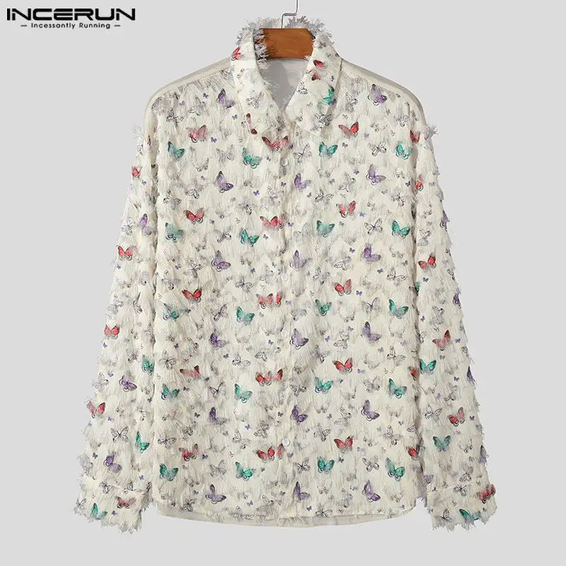 INCERUN Tops 2024 Korean Style Men's Personalized Printing Tassels Design Shirts Handsome Male Long Sleeved Lapel Blouse S-5XL