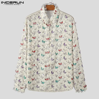 INCERUN Tops 2024 Koreanischen Stil Männer Personalisierte Druck Quasten Design Shirts Hübscher Mann Langarm Revers Bluse S-5XL