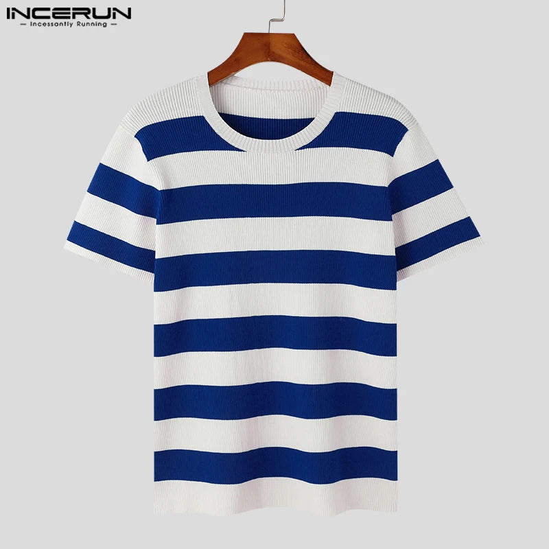 Handsome Well Fitting Tops INCERUN Men's Knitted Striped Design Sweaters Casual Streetwear O-neck Short Sleeved Pullovers S-5XL