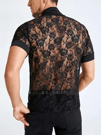 INCERUN 2023 Men T Shirt Mesh Lace See Through Sexy Turtleneck Short Sleeve Casual Tee Tops Streetwear Party Nightclub Camisetas