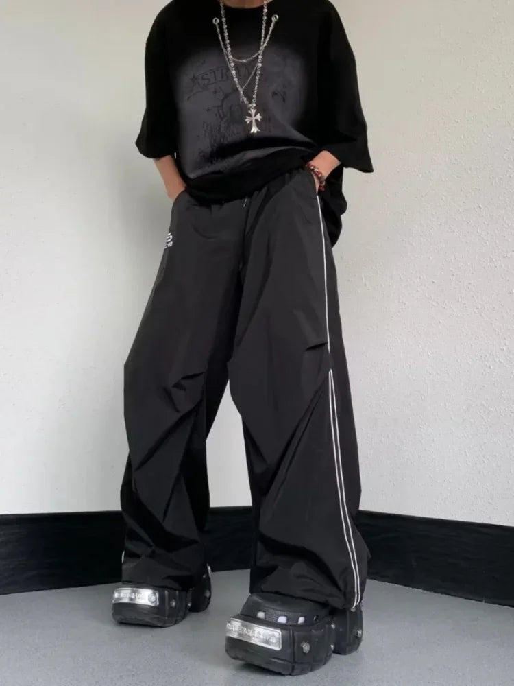 HOUZHOU Herren Sporthose Baggy Parachute Pants Y2K Oversize Jogger Streetwear Trainingsanzug Schwarze Hose mit weitem Bein