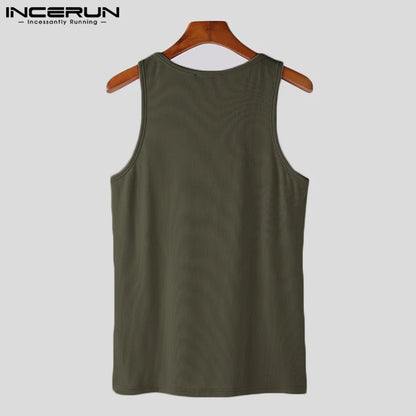 2023 Men Tank Tops Solid Color O-neck Sleeveless Workout Casual Male Vests Fitness Summer Streetwear Men Clothing S-5XL INCERUN