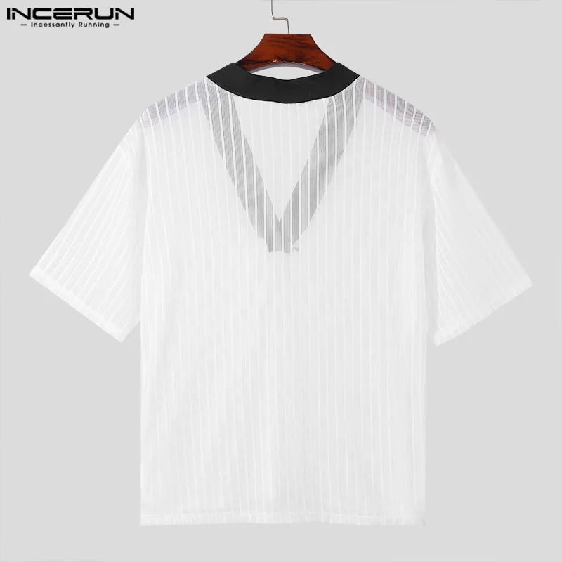 INCERUN Tops 2024 Korean Style Sexy Men's Striped V-neck See Through T-shirts Casual Streetwear Thin Half Sleeved Camiseta S-5XL