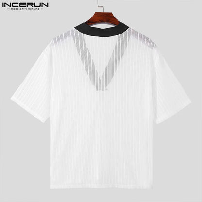 INCERUN Tops 2024 Korean Style Sexy Men's Striped V-neck See Through T-shirts Casual Streetwear Thin Half Sleeved Camiseta S-5XL