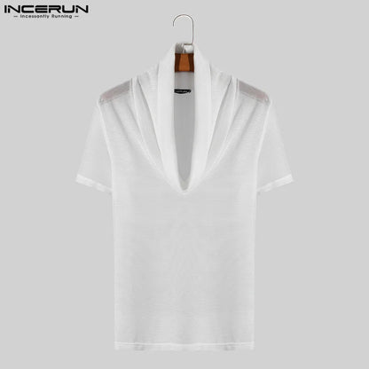 INCERUN 2024 Hommes T-shirt Couleur Unie Col en V Manches Courtes Maille Streetwear Hommes Vêtements Transparent Été Mode Camisetas S-5XL