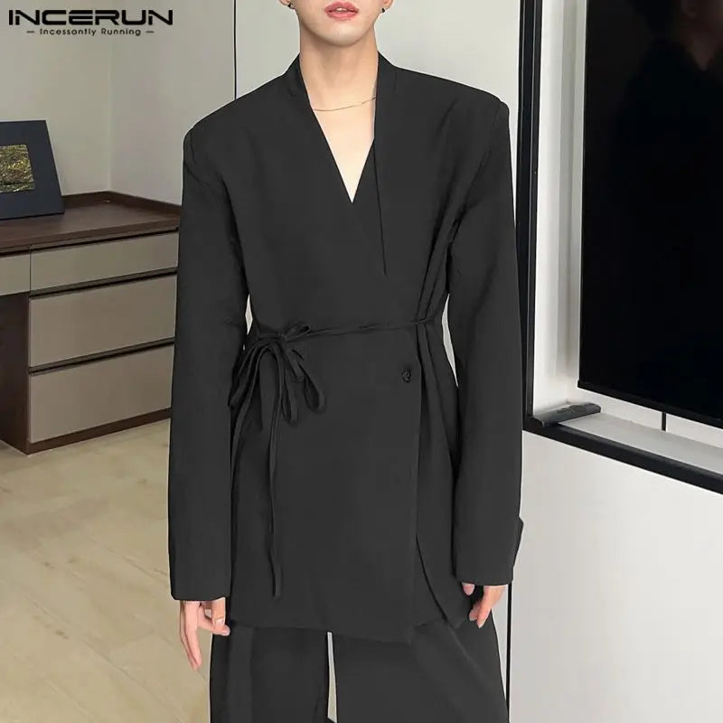 INCERUN Tops 2023 Korean Style New Men's Loose Simple Strapping Double Breasted Suit Coats Collarless Long Sleeved Blazer S-5XL