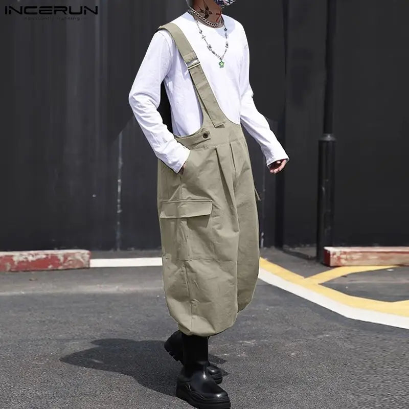 2023 Men Jumpsuits Solid Color Loose Sleeveless Casual One Shoulder Fashion Rompers Streetwear Male Cargo Overalls Pants INCERUN