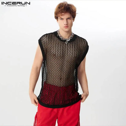 INCERUN Tops 2024 American Style Sexy Men Solid Hollow Perspective Vests Stylish Streetwear Male All-match Loose Tank Tops S-5XL