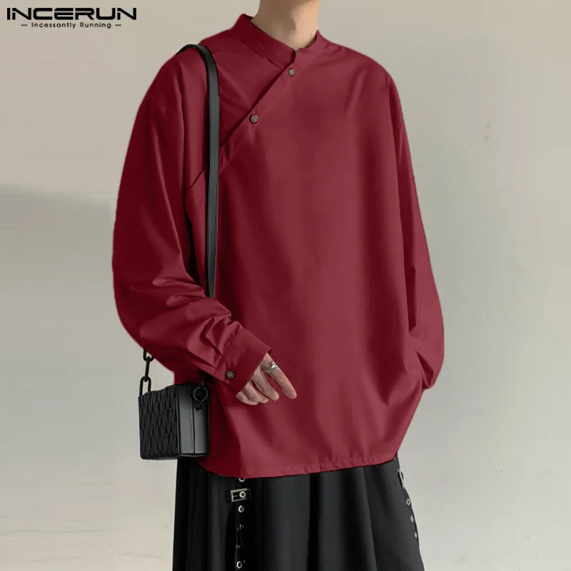 INCERUN Tops 2024 Korean Style Men's Stand Collar Slanted Placket Design Shirt Casual Streetwear Solid Long Sleeved Blouse S-5XL