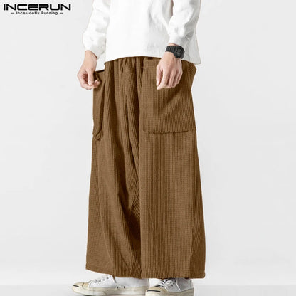 INCERUN 2024 Korean Style Pantalons New Men's Corduroy Pocket Design Pants Casual Well Fitting Solid Straight Leg Trousers S-5XL