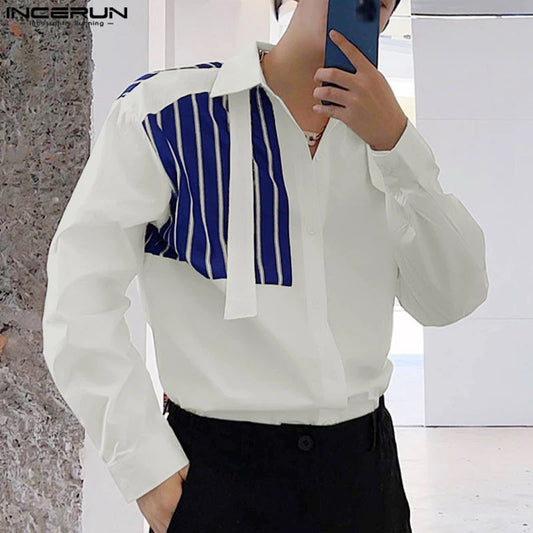 INCERUN Tops 2024 Korean Style Stylish Men's Contrast Striped Design Shirt Casual Clubwear Hot Selling Long Sleeved Blouse S-5XL