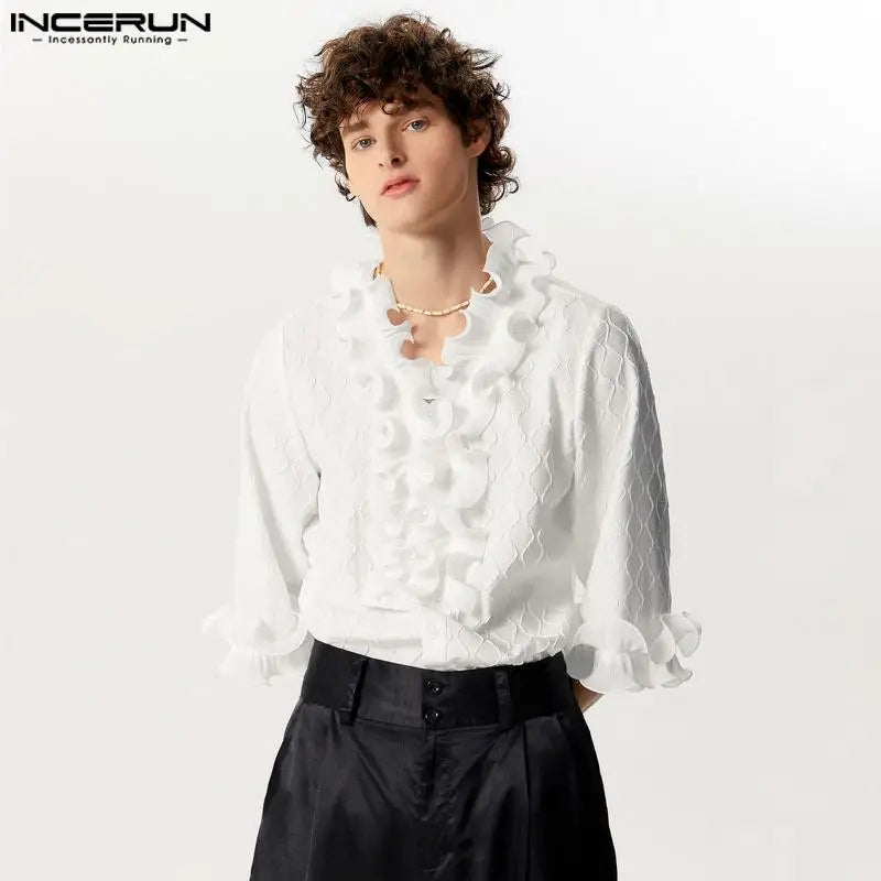 INCERUN Tops 2024 Handsome New Men's Ruffled Edge Patchwork Texture Shirts Male Leisure Streetwear Solid 3/4 Sleeve Blouse S-5XL