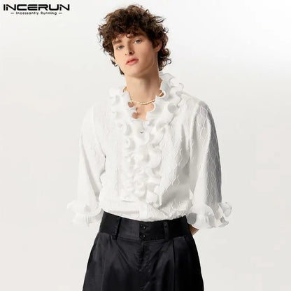 INCERUN Tops 2024 Handsome New Men's Ruffled Edge Patchwork Texture Shirts Male Leisure Streetwear Solid 3/4 Sleeve Blouse S-5XL