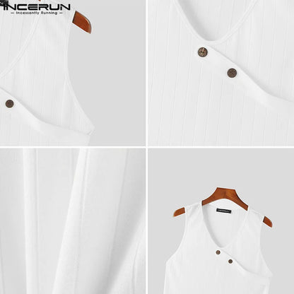 INCERUN Tops 2024 Korean Style Men's Knitted Buckle Design Vests Casual Streetwear Male Solid V-neck Sleeveless Tank Tops S-5XL