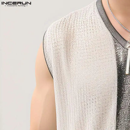 INCERUN Tops 2024 Korean Style New Mens Fashion V-neck Patchwork Design Vests Casual Streetwear Flash Sleeveless Tank Tops S-3XL