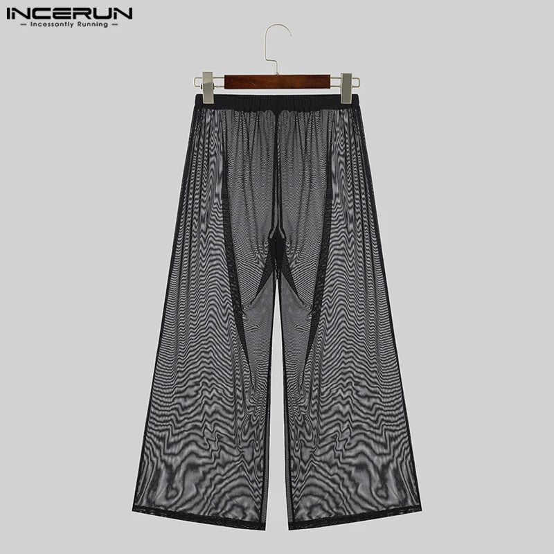 New Men Party Clubwear Trousers INCERUN 2024 American Style Fashionable Sexy Glittering Fabric Perspective Thin Long Pants S-5XL