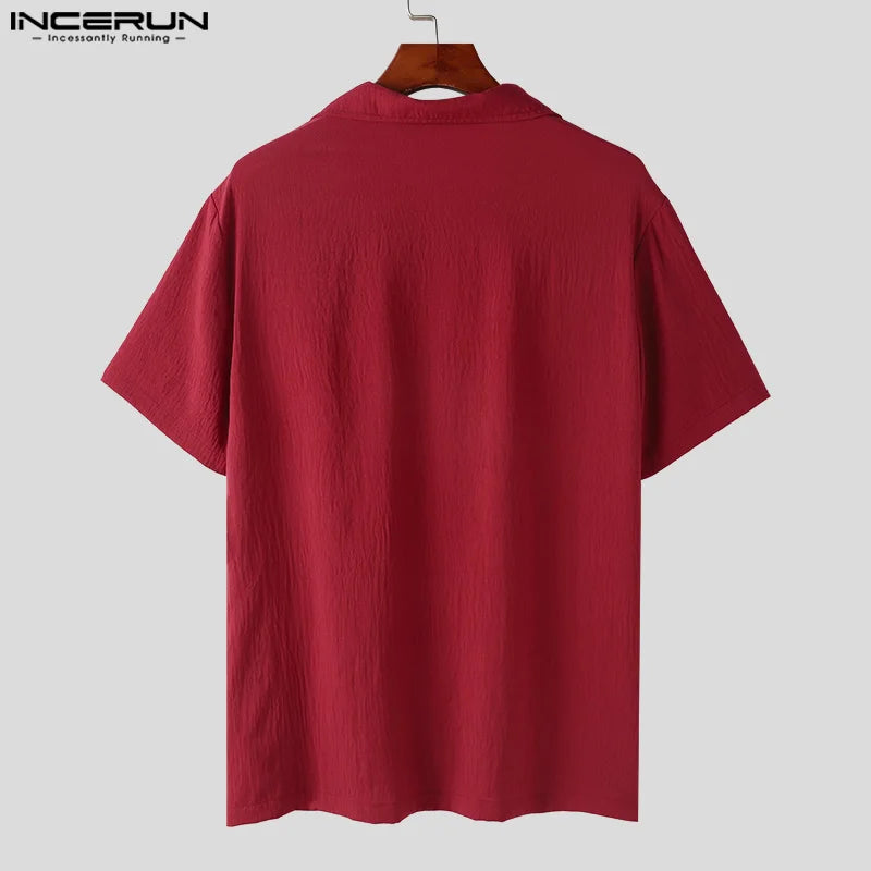 INCERUN Tops 2024 Style coréen Nouveaux hommes col à revers Patchwork fleur conception chemises décontracté streetwear à manches courtes chemisier S-5XL