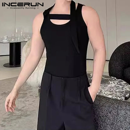 INCERUN Tops 2024 Koreanischen Stil Herren Neck Wrap Stil Band Design Westen Casual Sommer Heißer Verkauf Solide Gestrickte Tank Tops S-5XL