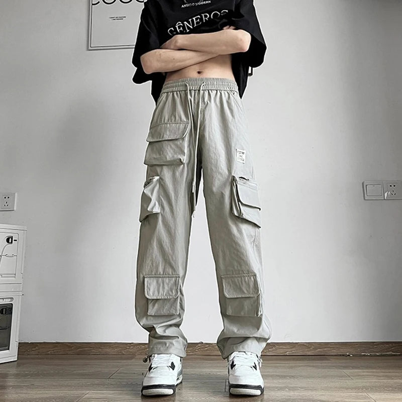 HOUZHOU Parachute Cargo Pants for Men Summer Techwear Quick Dry Trousers Male Black Japanese Streetwear Hip Hop Gray Pocket