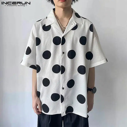 Fashion Well Fitting Tops INCERUN New Men's Lapel Polka Dot Pattern Design Shirt Casual Hot Sale Short Sleeved Blouse S-5XL 2024