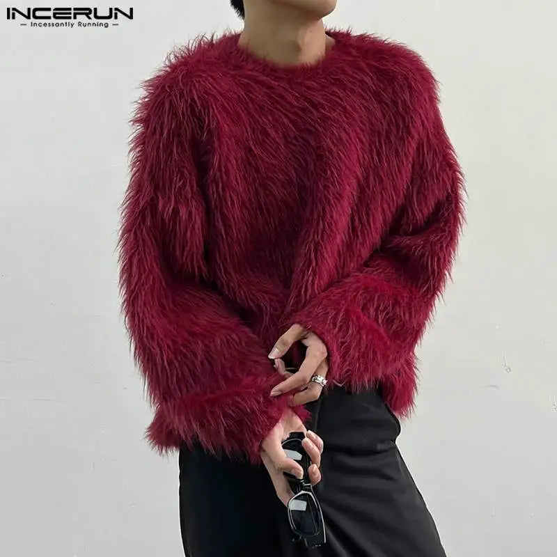 2023 Men Pullovers Solid Color Plush O-neck Long Sleeve Fashion Casual Men Clothing Streetwear Autumn Sweaters S-5XL INCERUN