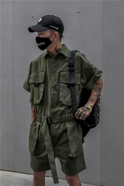 HOUZHOU Techwear Kurzer Overall für Herren Schwarz Bodysuits Overalls Herren Grün Männlich Japanische Streetwear Sommer Taschen Hip