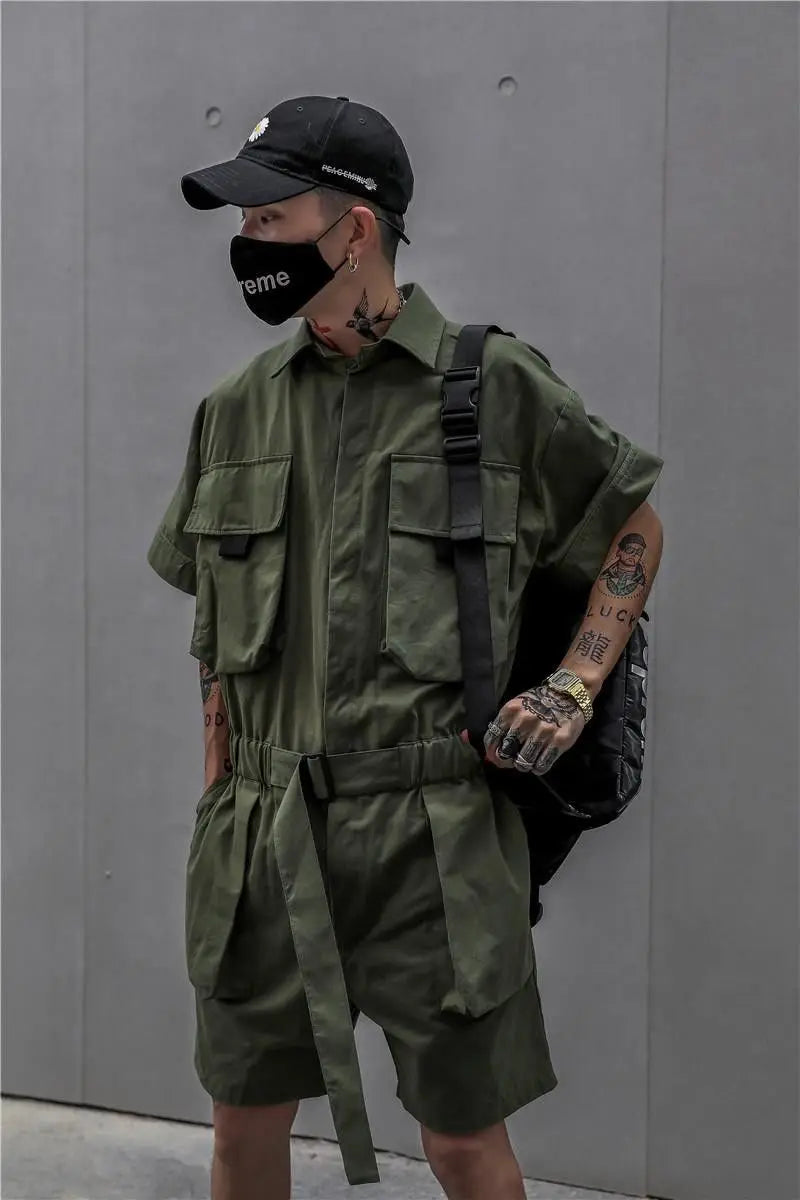 HOUZHOU Techwear Short Jumpsuit for Men Black Bodysuits Overalls Men Green Male Japanese Streetwear Summer Pockets Hip Hop