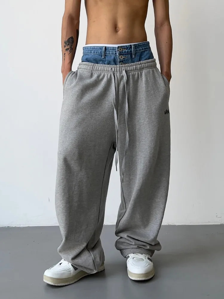 HOUZHOU Hip Hop Gris Pantalon de survêtement Pantalon de sport Bouton Jean Pantalon taille élastique Pantalon ample Y2K Pantalon de sport décontracté Joggers