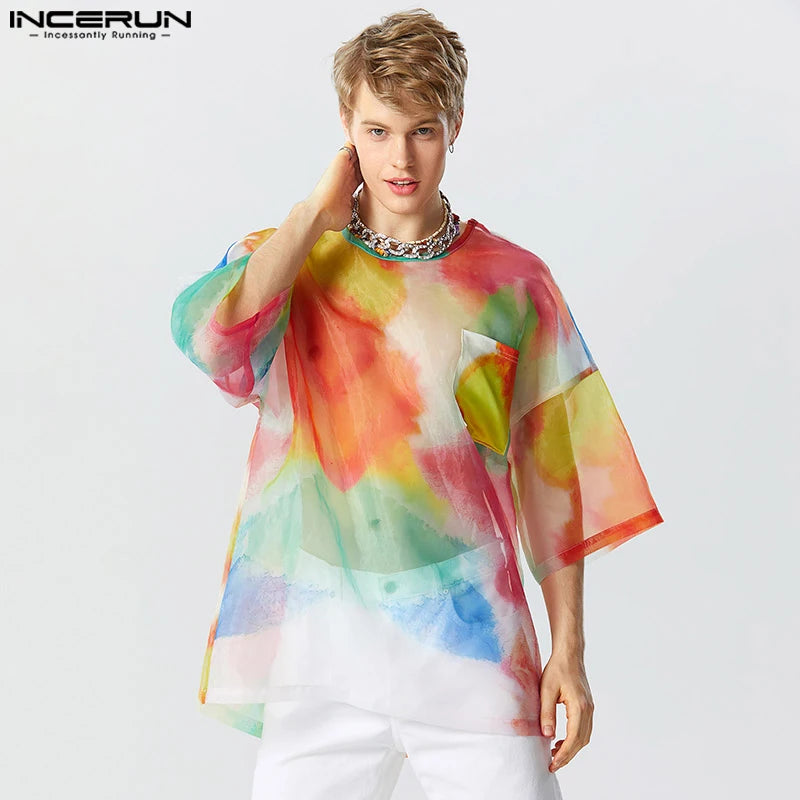 INCERUN Tops 2023 Amerikanischer Stil Neue Männer Bunte Batik Durchsichtige Mesh-T-Shirts Casual Party 3/4 Ärmel Dünnes Camiseta S-5XL