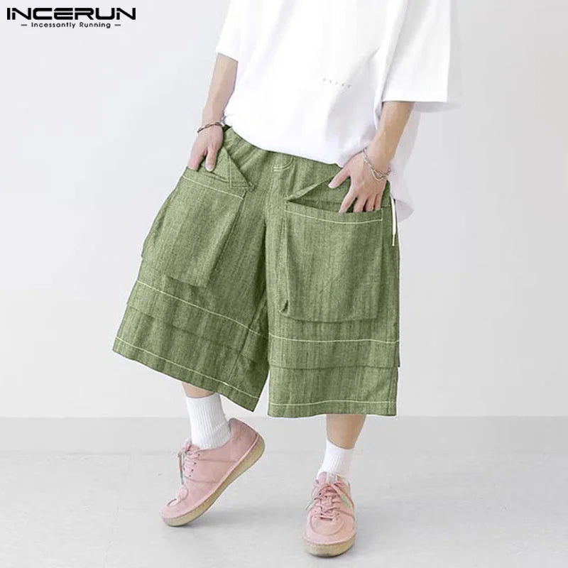 INCERUN 2024 Korean Style Trousers Stylish Men Cargo Patchwork Pockets Wide Leg Pants Leisure Male Solid Cropped Pantalons S-5XL